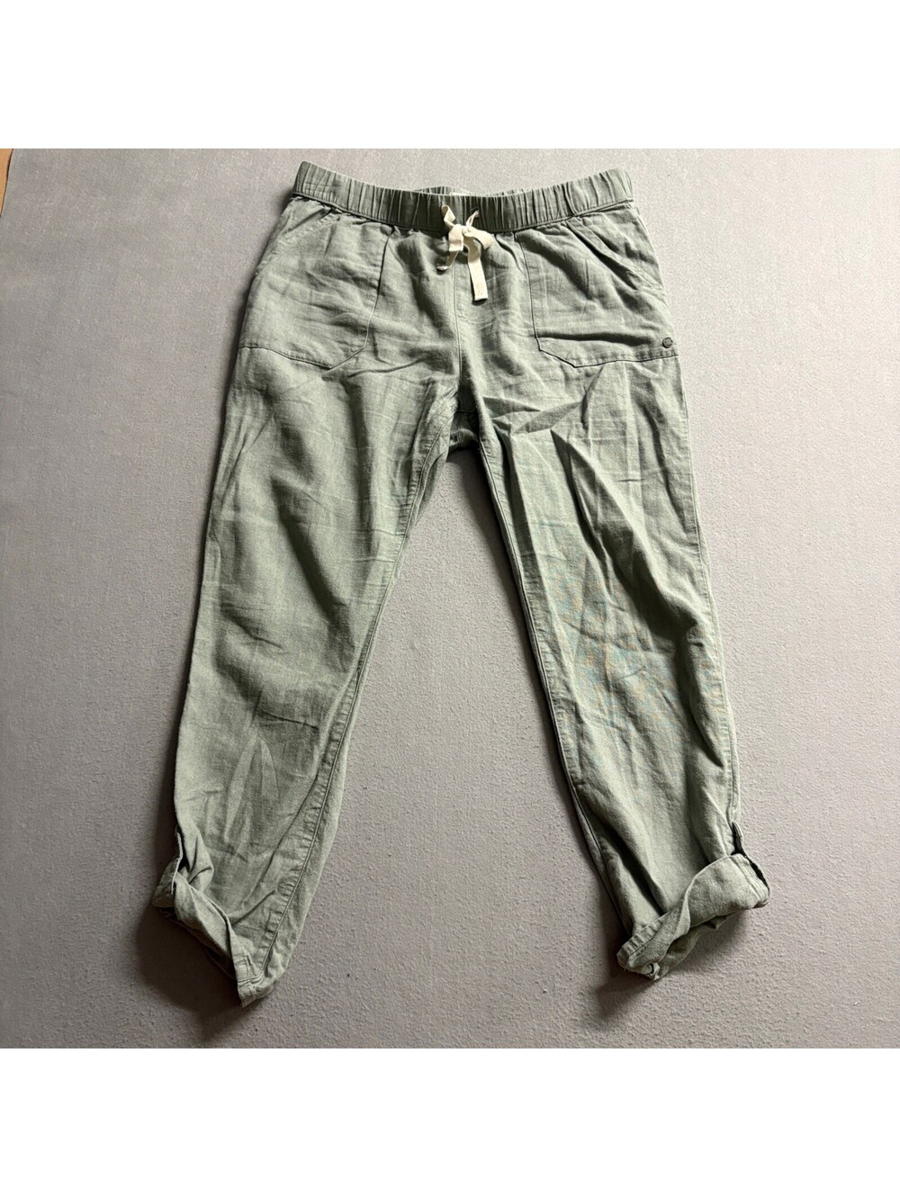 Roxy Linen Blend Pants Womens Large Green Drawstring Elastic Waist Roll Tab Hem